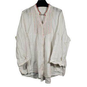 Roamans Button Tunic Top 24W Embroidered Seersucker Roll-Tab V-Neck 3/4 Sleeve